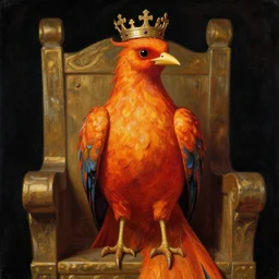 Regal fiery bird, sitting on a throne with a crown on her head, Pre-Raphaelite, matte painting, trending on artstation