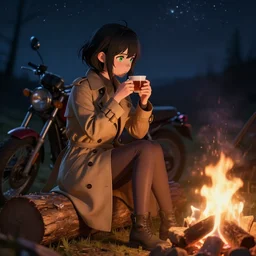 A hyper realistic Octane Houdini 3d VFX anime girl by WLOP with short black hair and green eyes in a tan trenchcoat sitting on a log and drinking tea by the campfire by her motorcycle at night under the stars, evocative, mystical night, very very very very detailed, award winning, masterpiece digital painting by Greg Rutkowski, Alex Grey, artstation, 4k wallpaper
