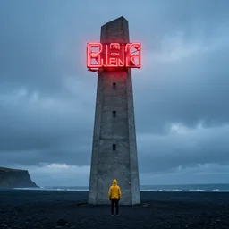 a concrete tower on a icelandic beach, big red neon sign, a small character wearing a yellow hoodie standing in the front, cloudy day, blue hour, by filip hodas, by simon stalenhag, cinematic, dramatic light concept art, matte painting, tranding on artstation, dystopia