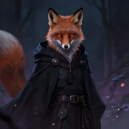 fantasy portrait, dark mage, anthropomorphic fox, greg rutkowski, wlop, artgerm, cinematic lighting, magic particles, glow, artstation