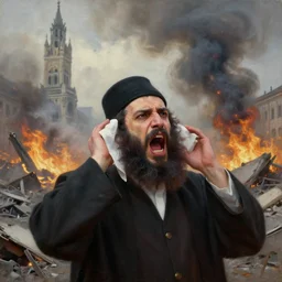 a close view of a jewish rabi screaming in panic!!!, city of munich destroyed by a meteor!!!, rubble!!, fires!! hyperrealistic, highly detailed, cinematic, foggy light from fires, beautiful, cgssociety, artstation, 8 k, oil painting by greg rutkowski, by artgerm, by wlop