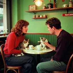 kodachrome photo of a man and his wife talking about cats at a budy coffe shop, strong reds and greens color photo