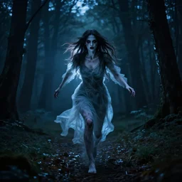 a scary award winning photo of a woman spirit running in the night in a forest, volumetric light effect