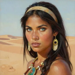 a highly detailed painting of a female amazon warrior with piercing beautiful eyes in desert setting by chris riddell