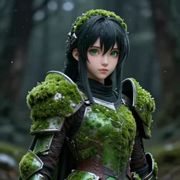 portrait focus of knight beautiful 3D anime girl, green moss armor wearing, dark forest background, snowing, bokeh, inspired by Masami Kurumada, digital painting, high contrast, unreal engine render, volumetric lighting, high détail