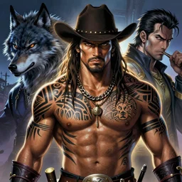 illustration of a man resembling ( ( ( ( ( ( jason momoa ) ) ) ) ) ) as a cowboy, nightwolf from mortal combat, tribal tattoos | art by hirohiko araki + jean giraud + artgerm + jack kirby | intricate, high detail, digital painting