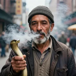 closeup portrait of a snake oil salesman in a smoky new york back street, photography