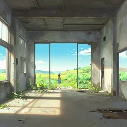 abandoned building view from inside by yoji shinkawa, katayama bokuyo, agnes cecile, concept art, vibrant colors, 8 k