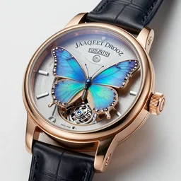 a steampunk sleek, jewelled,  Opal Loving Butterfly Automaton watch by Jaquet Droz, highly detailed illustration highlights, gold and silver highlights, neon blue highlights, macro photography, F/2.8, trending on artstation, octane render