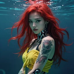 portrait of a robot girl with long red hair and a tattoo in the style of the game cyberpunk 2 0 7 7, under water, very beautiful enga style, the girl is wrapped in color, photorealism albrecht durer george copeland ault