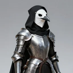 female plague doctor donning a black hood, steel knightly armor and a white armored crow mask, trending on artstation