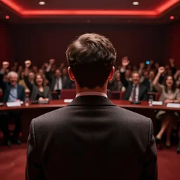 back of a man facing a dark conference hall, people cheering at the atmospheric and obscure, red neon light, by roger deakins, cinematography, syd mead