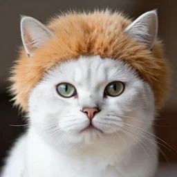 white cat with fluffy foxy hat, photorealistic portrait, ultra quality, high detailed, zoom, leica 8 5 mm 1. 2 f
