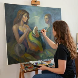 painting of female paintor painting a surreal painting