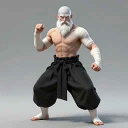 Full body Picture of a male monk, fighter, exposed torso, bandage on arms, muscles, baggy black pants, symmetrical body, white skin, bald, white long beard, brown eyes, detailed face, combat stance, handsome, D&D, by artgerm and Craig Mullins, James Jean, Andrey Ryabovichev, Mark Simonetti and Peter Morbacher, matte painting, trending on artstation, artstationHD, artstationHQ, octane, full HD, 16K