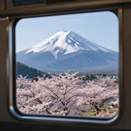 mount fuji, japanese landscape with sakura trees, seen from a window of a train. beautiful! dlsr photo
