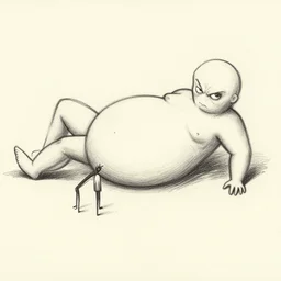 pen drawing of stick figure person with tiny legs and a oversized midsection laying down looking at the camera menacingly, in the style of terriv vellmann, @ terrivellmann
