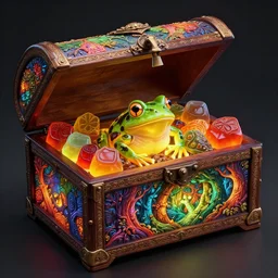 the gummy treasure chest is filled with clothings intricate detailed glowing engravings, ornate, ancient forest, vibrant colors, frog perspective, D&D, Magic The Gathering, by Craig Mullins, volumetric lighting,
