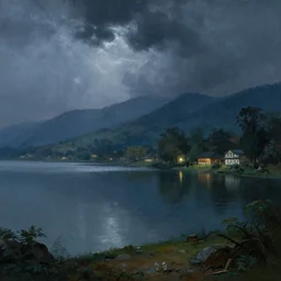 Nainital Lake on a monsoon midnight, by Canaletto, trending on ArtStation, masterpiece