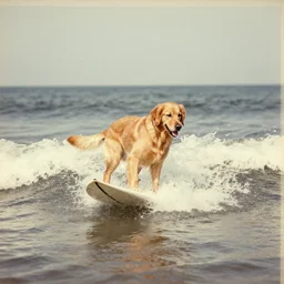 photo of golden retriever surfing at sea, vintage found photo