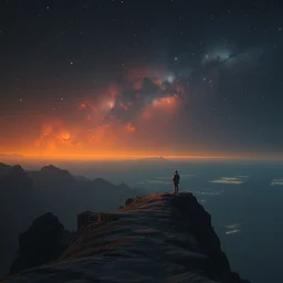 it is lonely at the edge of the world, melancholic, vibrant night sky, warm lighting, cinematic, highly detailed, masterpiece by beeple, tom bagshaw, craig mullins, daytoner