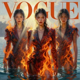 3 d, fashion model, flame, liquid water, morning, sun rays, vogue cover style, poster art, high detail, intricate oil painting, multiple exposure, hell mood, hyperrealism, by tooth wu and wlop and beeple and greg rutkowski