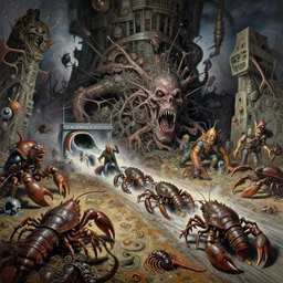 painting varied filthy rugated, evil, chemical spicules, armored crustaceans clawing & terrified as massive brutalist structure, claustrophobic drag race, clustered horror, by virgil finlay, vincente b ballestar, by francesco blanc, geof darrow, bisley, & by jack gaughan high resolution, hyper detailed, cinematic, ornate masterpiece,