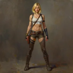 full body character art of female huntress, pretty face, short blonde hair, by james gurney, volumetric lighting, detailed, oil painting