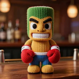 a photorealistic photograph of a knitted Trader Vic's Tiki Mug featuring Mike Tyson in boxing gloves at bar Trending on Artstation, featured on Behance, well-rendered, Unreal Engine, 4K HD