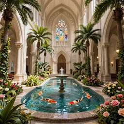 beautiful grand cathedral interior with koi! pond!! in the! middle! surrounded by palm trees, ivy, flowers!!, tropical plants, roses!!, and with archways, rendered in octane render with photorealistic volumetric cinematic lighting, wide angle, horizontal symmetry, symmetrical! 8 k