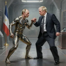 ultra realist and ultra intricate detailed soft painting of a metal Putin fighting Boris Johnson in a futuristic hallway, sensual gloomy style, volumetric clouds, artstation, unreal render, depth of field