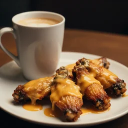 A cup of coffee and hot wings covered in cheese, Cinematic shot