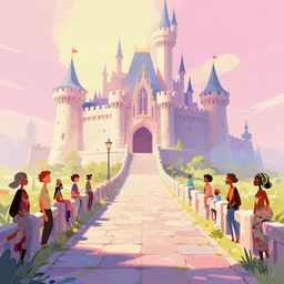 a dreamy otherworldly 3 d render of stone pathway to castle, pixiv fanbox, dramatic lighting, maximalist pastel color palette, splatter paint, pixar and disney exploded - view drawing, graphic novel by fiona staples and dustin nguyen, peter elson, alan bean, wangechi mutu, clean cel shaded vector art, trending on artstation