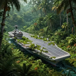 aircraft carrier USS Nimitz overgrown with vegetation laying on the ground of a tropical forest, post appocalyptic, by Luis Royo, by Greg Rutkowski, dark, gritty, intricate, cover illustration, concept art, volumetric lighting, volumetric atmosphere, sharp focus, octane render, trending on artstation, 8k