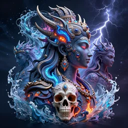 3 d ornate cosmic shiva with profile portrait, sigma 5 0 0 mm f / 5. beautiful intricate highly detailed quetzalcoatl skull. bioluminescent, plasma, lava, ice, water, wind, creature, thunderstorm! artwork by tooth wu and wlop and beeple and greg rutkowski, 8 k trending on artstation