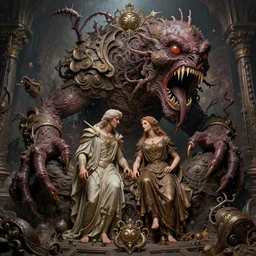 Adam and eve with a screaming worm monster, maximalist, high detail, 8k, ornate, dark fantasy, realistic, masterpiece, complex, WLOP, wide angle, by rocco