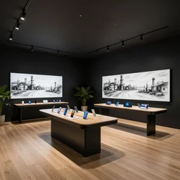 daily deviation industrial sketch, charcoal!!!!!!!!!! ( ( ( ( ( serious grounded balanced muted flagship samsung store, black walls. timber floor. low ceilings with spots. curved furniture, with large digital screen. display tables with phones and tablets, pots with plants, large digital screens on the walls ) ) ) ) )