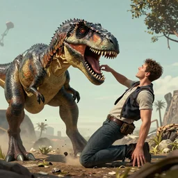 a two-headed velociraptor biting a man in half, style of Geof Darrow