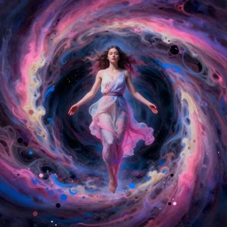 a surrealistic portrait of a meditating woman floating above a black hole, the birth of the singularity, airbrushed, smoky swirls of pink purple black blue cream nebulae, a gate to infinity, vibrant colors, vaporwave neonpunk, paint splashes, shadows, rule of thirds, detailed digital matte painting by jan van eyck