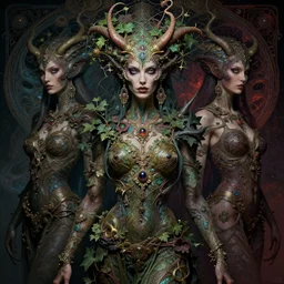 cinematic fullbody portrait. complex hyper-maximalist overdetailed cinematic cosmic scifi portrait of an elegant very attractive but wild and dangerous reptilian goddess by andrei riabovitchev, tomasz alen kopera, oleksandra shchaslyva. Omnious intricate. Secessionist portrait illustration. Poison goddes. Slightly Reminds to poison ivy. Focus on face. Artstation. Deviantart. 8k 4k 64megapixel. Rendered by binx.ly.