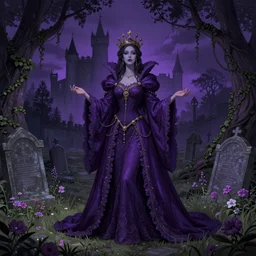 beautiful woman, Queen of the ghosts, old cemetery, castle in the background, trees, creepers, beautiful flowers, night, purple color,  colorfully, full body shot, detailed illustration, digital art, overdetailed art, concept art, Jean-Baptiste Monge, trending on artstation
