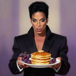 the artist formally known as prince, cinematic, from purple rain, holding a plate of pancakes and grapes, elegant, highly detailed, digital painting, artstation, smooth, hard focus, illustration, art by jessica rossier and and brian froud