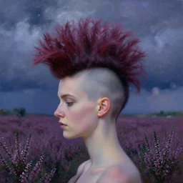 closeup, a giant flower head mohawk, woman in heather field, surreal photography, starlight, storm clouds, impressionist painting, digital painting, artstation, simon stalenhag