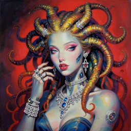 a beautiful painting lovely seductive biopunk medusa robot, jewelry, diamond jewelry. by ukiyo - e award - winning art, andy warhol color, dramatic light, octane render
