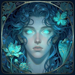 man finding his soulmate, glowing eyes, volumetric lights, blue and cyan scheme, art nouveau botanicals, gothic, intricate, highly detailed, digital painting, artstation, concept art, smooth, sharp focus, symmetric face, illustration, art by artgerm and greg rutkowski and alphonse mucha