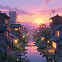 a colorful glowing abandoned japanese city, sunset, moist, pastel, artstation, digital art.