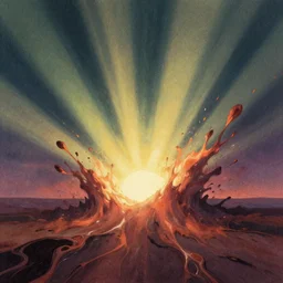 editorial illustration by karolis strautniekas and mads berg, explosive disintegrating melting void, colorful, fine texture, detailed, muted colors, film noir, dramatic lighting, dynamic composition, vivid, matte print, wide angle, ( ( sunbeams ) ), moody, extreme perspective