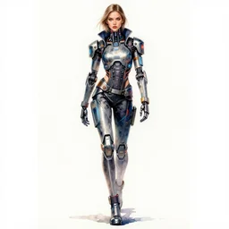 watercolor fashion illustration full body detailed woman cyberpunk outfit, android jones