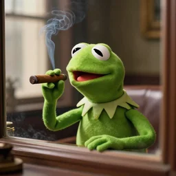 kermit the frog as a mafia boss, smoking a cigar, looking out of his office window, nostalgic photo, depth of field, vintage