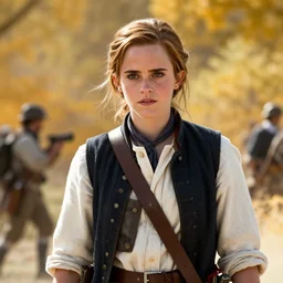 A badass photo of emma watson starring Films about the American National Revolution, infared photography, 8K, film render, extremely detailed, rendered in Octane